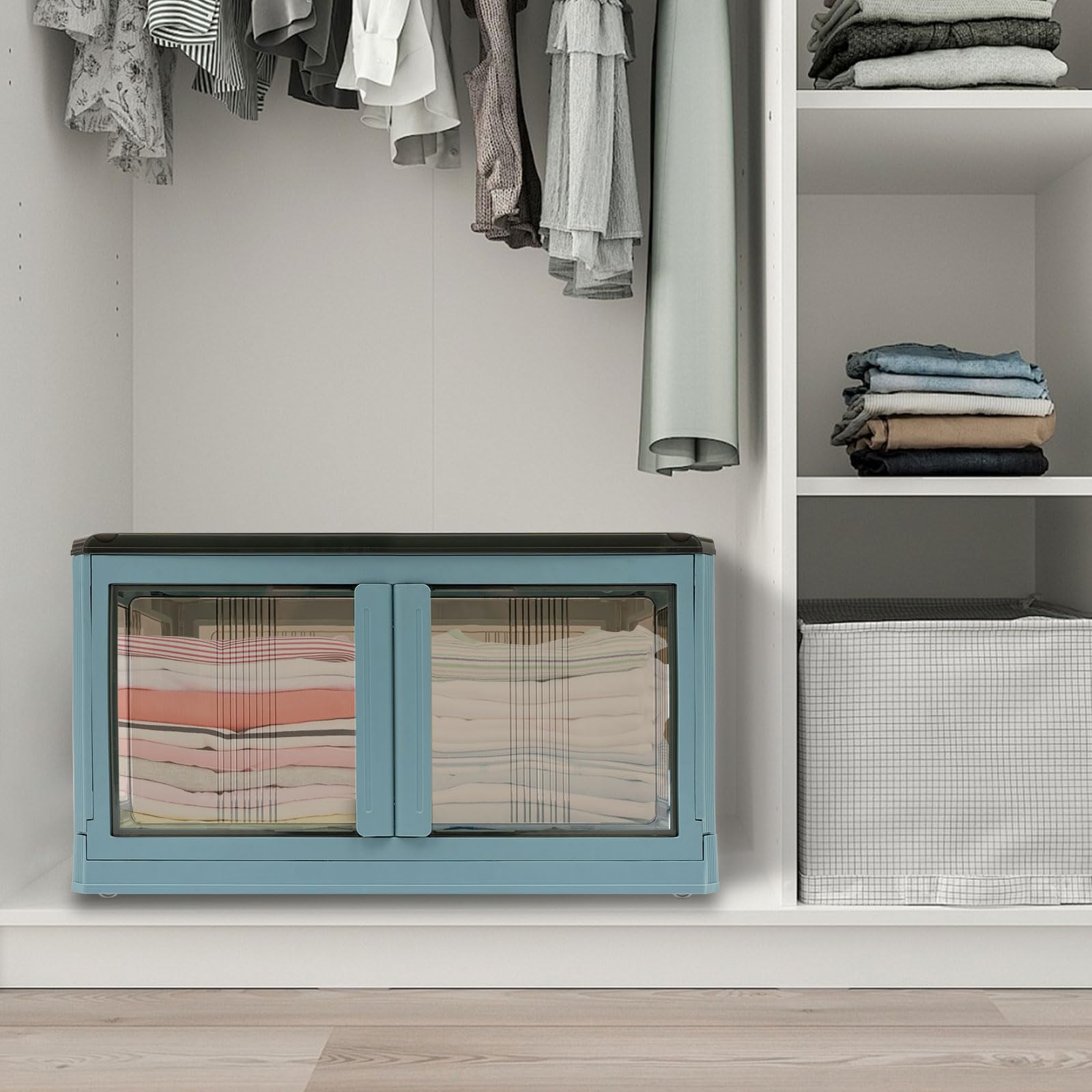 60 x 42 x 34 cm, caja de almacenamiento plegable, apilable, con tapa, transparente, estable, cesta de la compra apilable, cesta de transporte de plástico natural, cesta plegable para habitaciones y