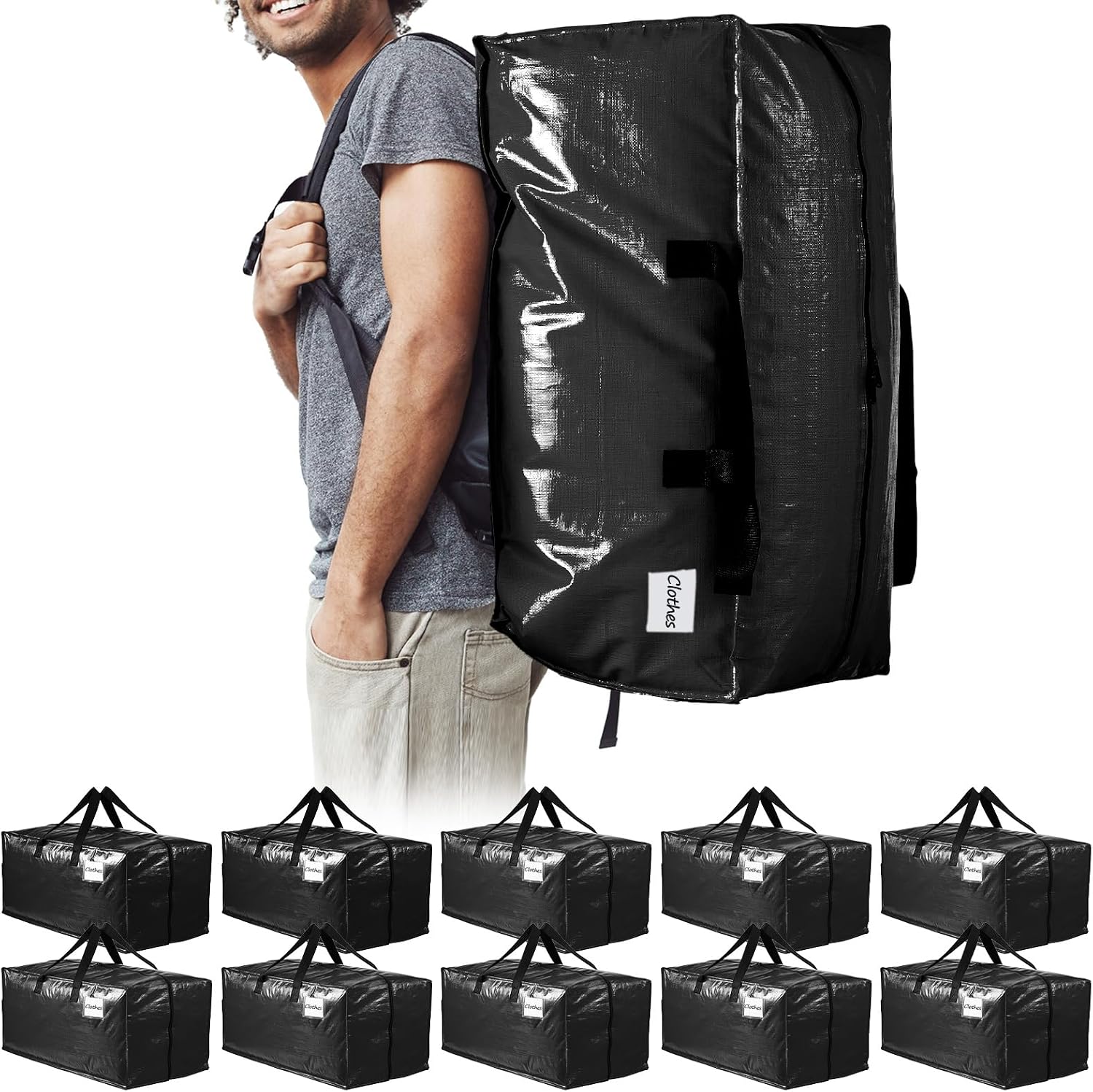 TAILI Heavy Duty Moving Bags, Clothing Storage Bags with Sturdy Zipper and Strong Handles, Black Clothes Storage Bins, Extra Large Tote for Moving Supplies, Better than Boxes (10-Pack)