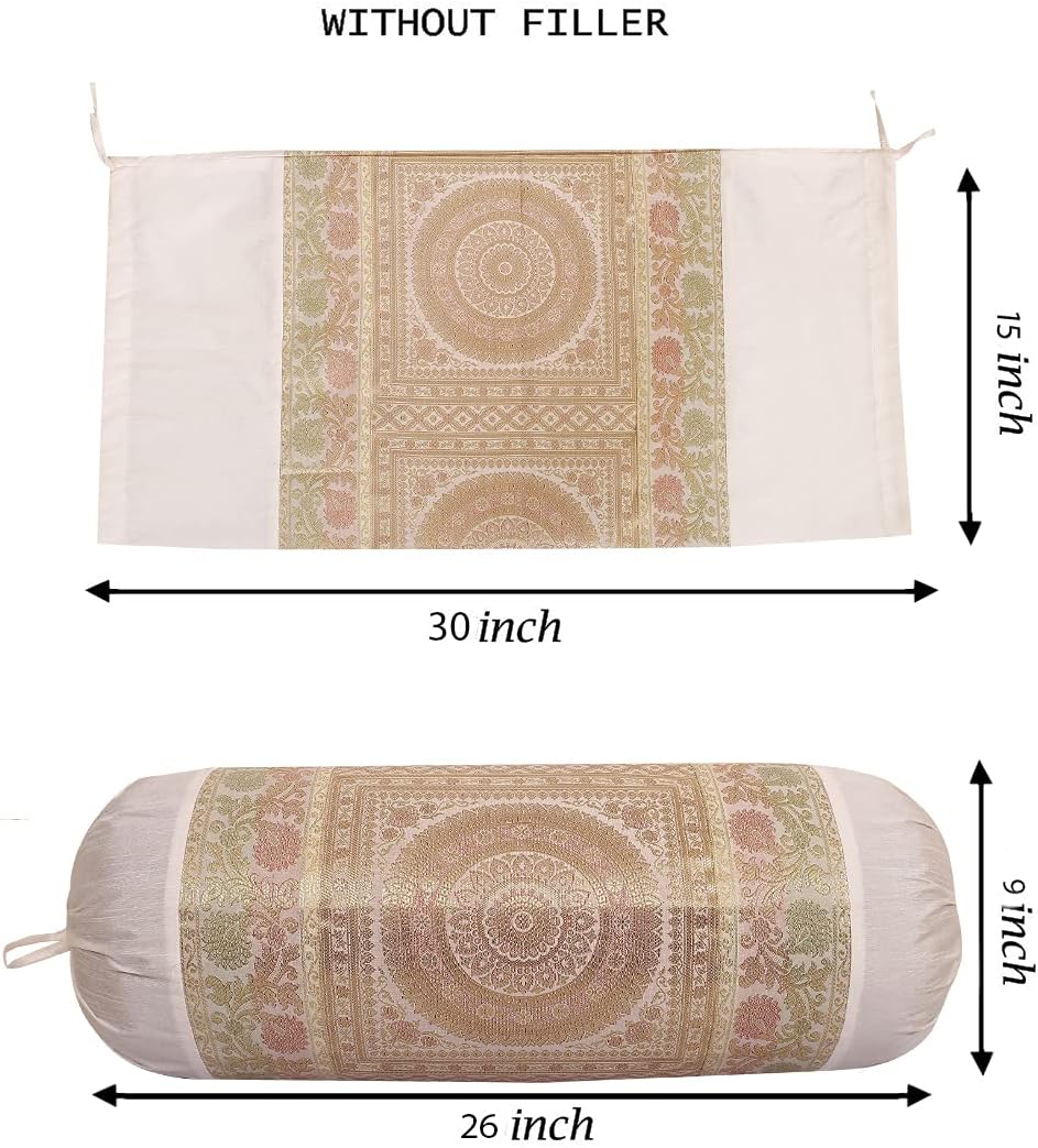 Ethnic Jacquard Brocade Silk Bolster Yoga Rectangle Pillow Cover Mandala White Tube Massand Living Room Decorative Cylindrical Hotdog Traditional Throw Pillowcase 76x38 cm - Set of 2 Pcs