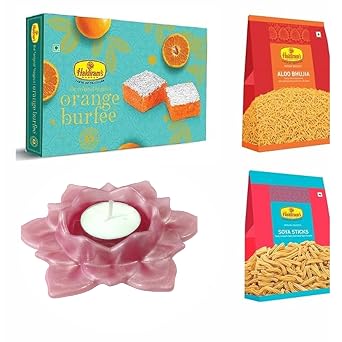 Haldirams Nagpur Orange Burfee 500 Grams, Aloo Bhujia200 gm,SOYA Sticks200 gm with Large Diya