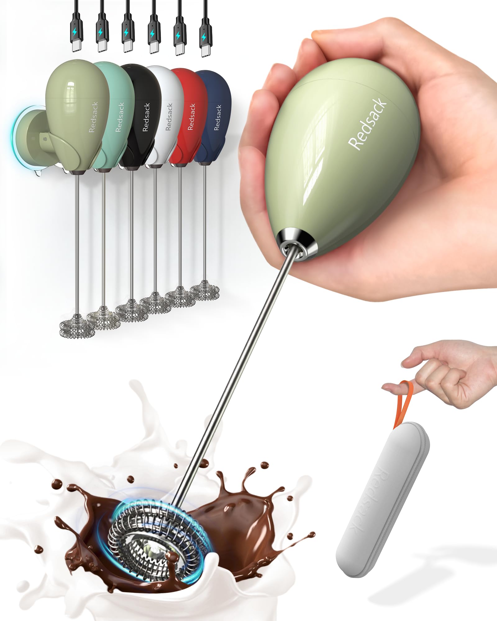 Handheld Milk Frother with Case, Coffee Frother Wand Portable, Milk Foamer Maker with Stand Wall Mounted Drink Mixer Waterproof, USB Rechargeable Electric Whisk for Lattes, Matcha (Olive Green)