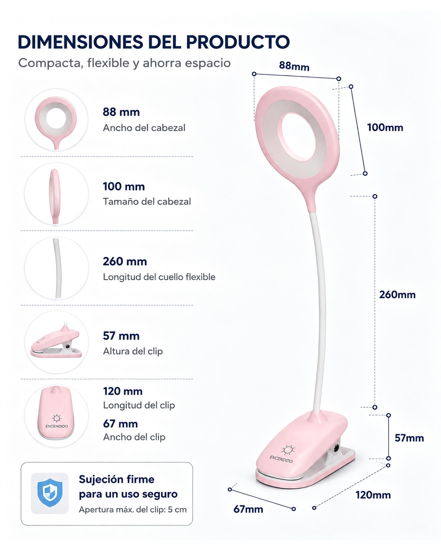 Lámpara LED de Escritorio con Pinza para Niños, Luz de Lectura Recargable USB, 3 Modos de Luz, Cuello Flexible 360°, Batería 2200mAh, para Estudiar, Leer en Cama y Trabajar, Rosa