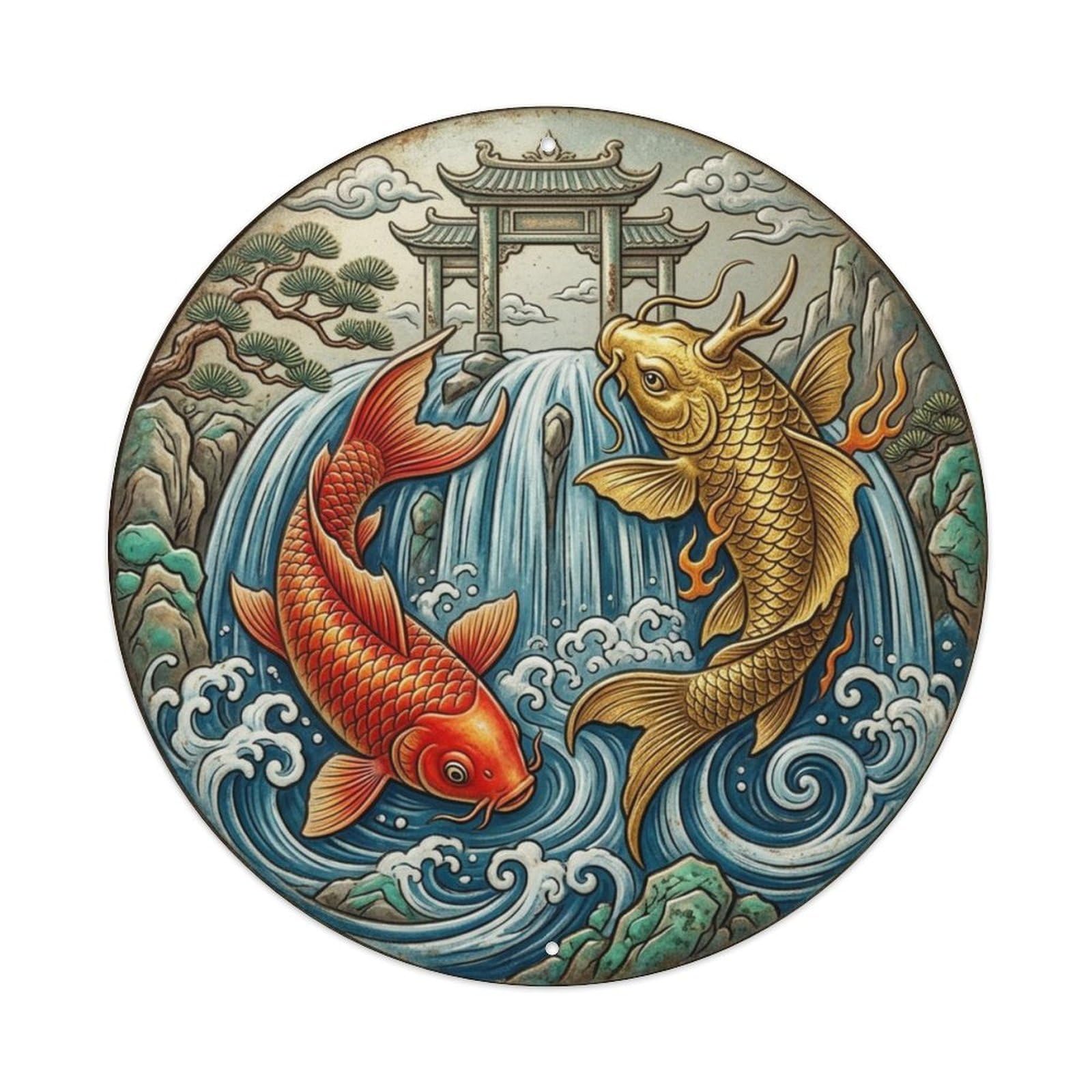 Fqcyn Style Dragon Gate Success Koi Yin Yang Metal Tin Sign Plaque Wall Decor For Cafe, Club Bar, Office, Home Garden Round Metal Poster 8X8inch