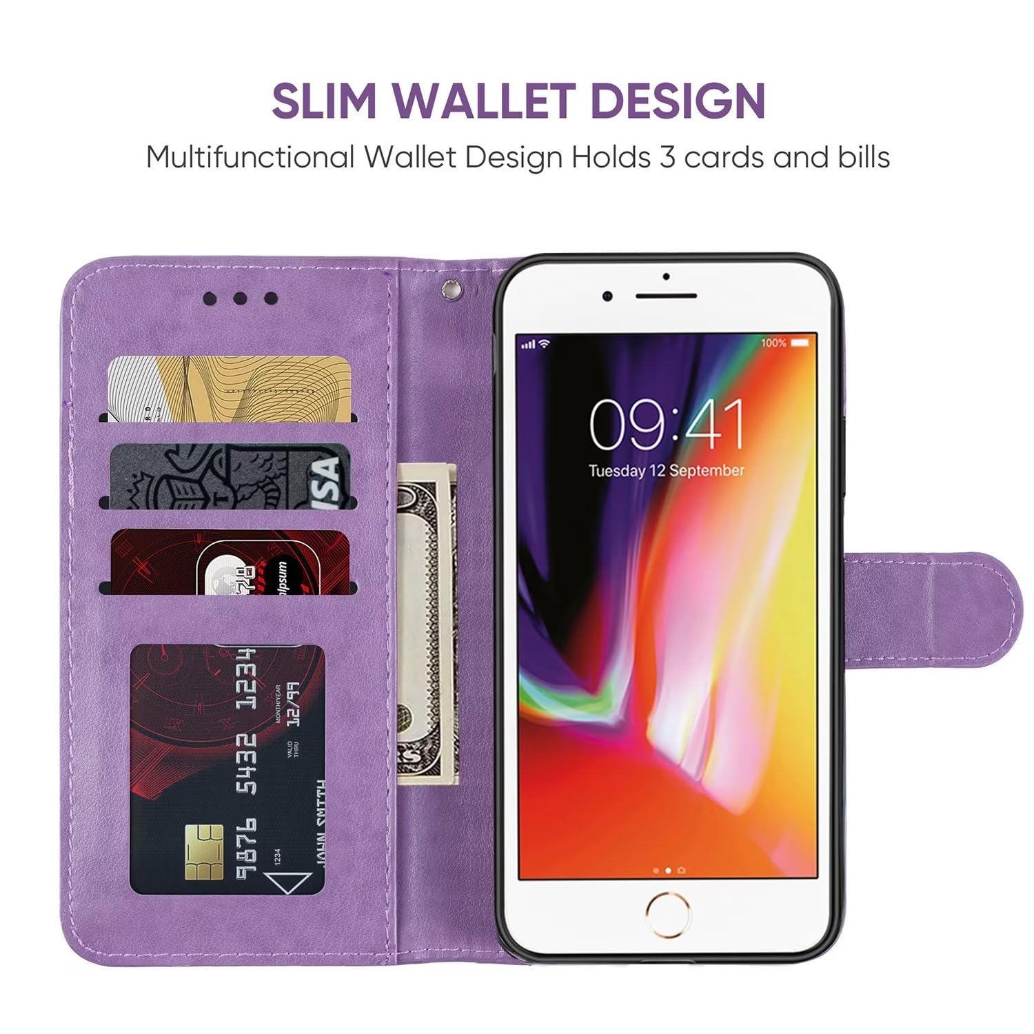 Vavies Case for iPhone SE 2022/SE 3 2022/iPhone SE 2020/iPhone 7/iPhone 8 Wallet Case with Tempered Glass Screen Protector, Flower Leather Flip Credit Card Holder Stand Phone Cover for iPhone 8 Purple