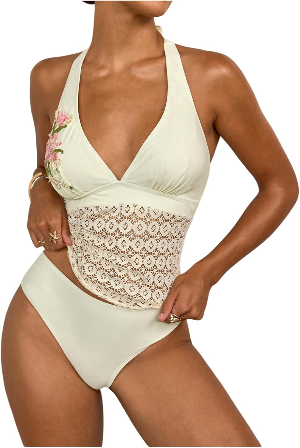 Milumia Women's 2 Piece Tankini Set Floral Deep V Neck Halter Swimsuit Hollow Out Tie Back Bathing Suit