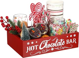 Geetery Christmas Hot Cocoa Bar Wood Station Organizer Countertop with 4 Compartment Cocoa Decorative Storage Bins Vintage Open Holder Box for Xmas Holiday Gift Party Home Supplies(Red)