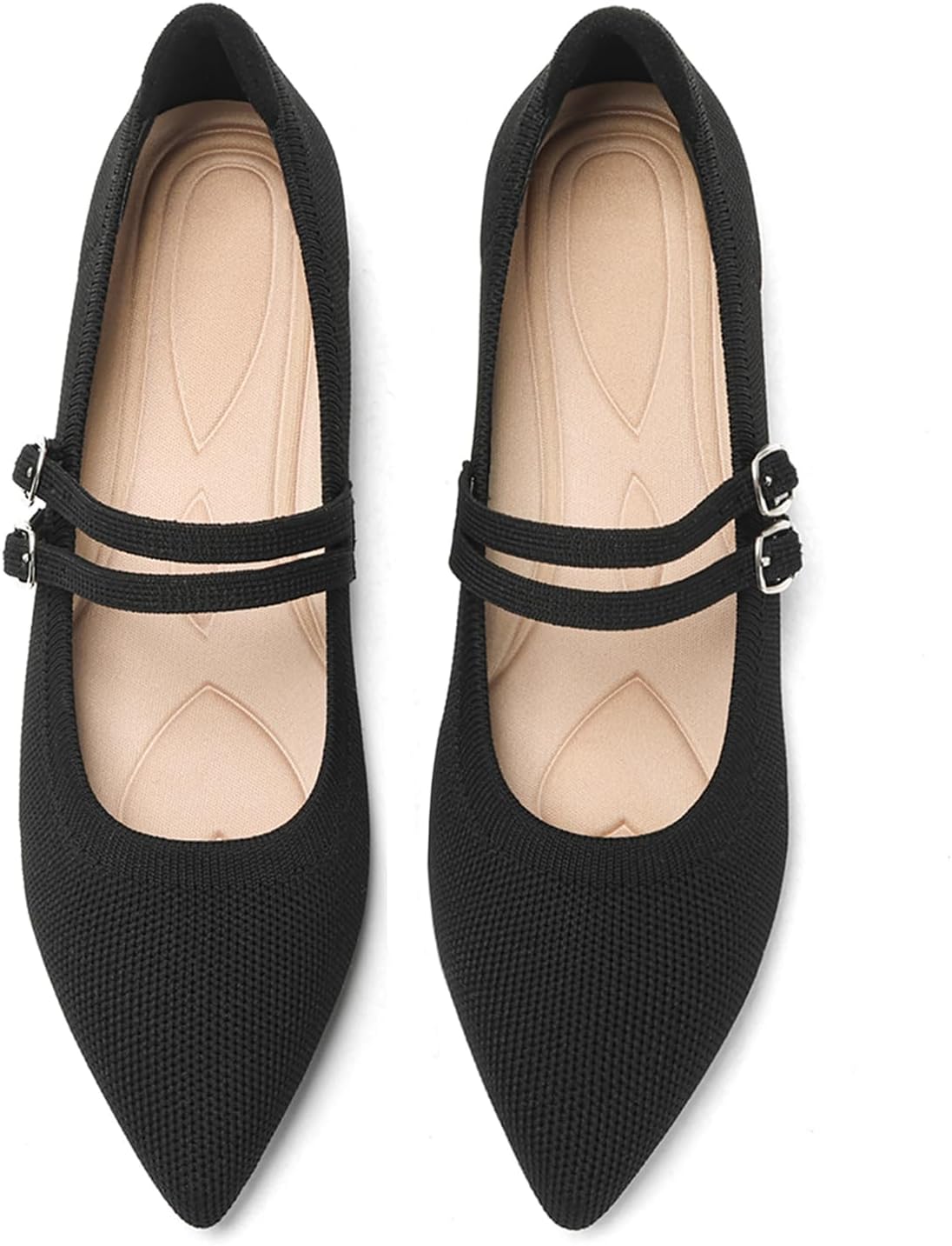 Flats for Womens Pointed Toe Ballet Flat Knit Mary Jane Shoes