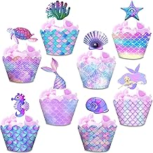 Esteopt Meerjungfrau Tortendeko, 48 Stück Kuchen Deko Kinder Frauen Geburtstags Deko, für Cupcake Toppers Wrappers Meerjungfrau Thema Party Dekoration