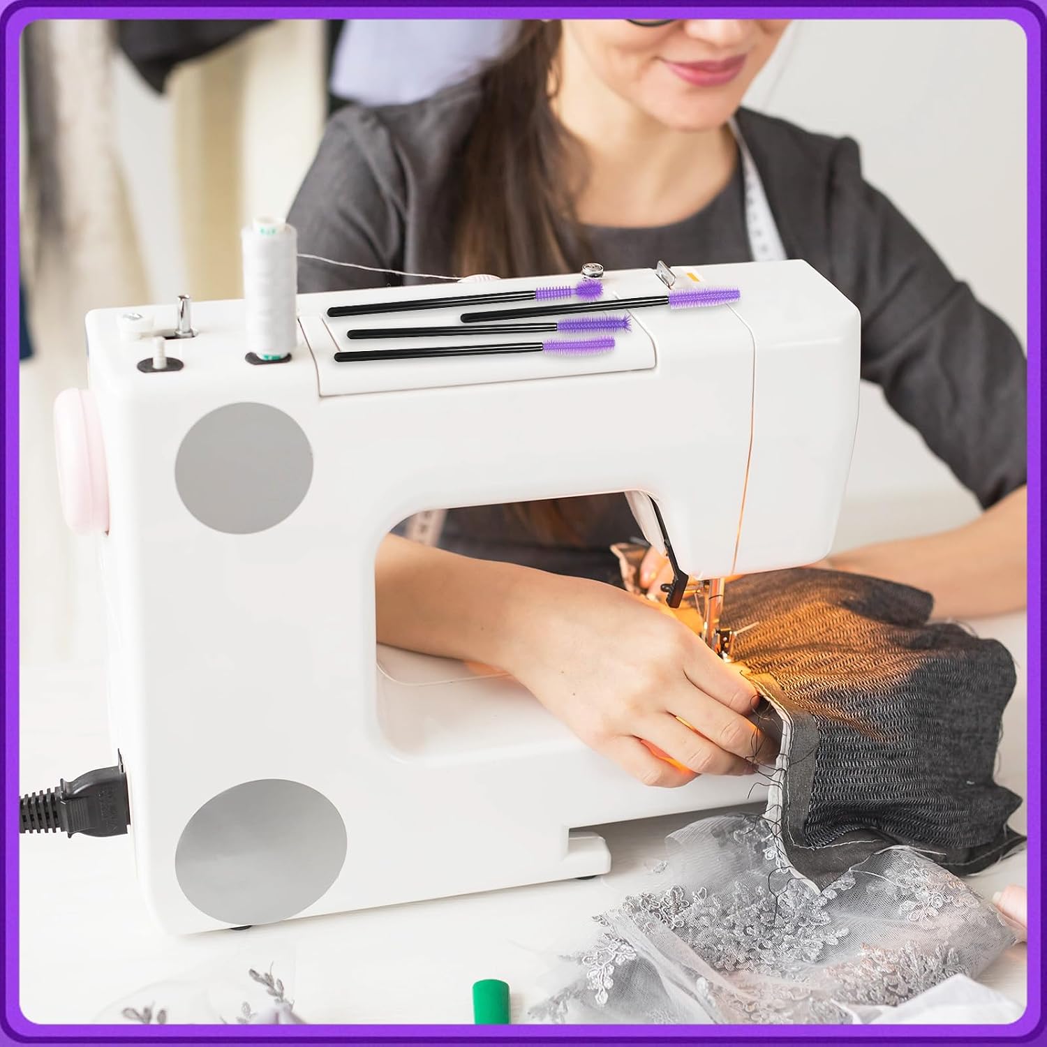 60 Pcs Sewing Machine Cleaning Brushes, Reusable Silicone Cleaning Tools Kit, 4 Styles Small Crevice Brushes for Internal and Spool Area, Purple