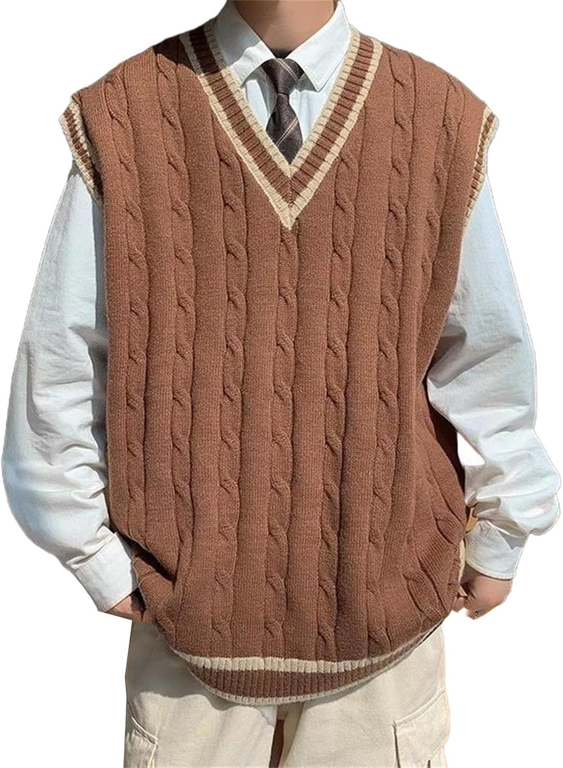 Mens Vintage Preppy Style Oversized Knitted Sweater Vest Streetwear V Neck Sleeveless All Match Waistcoat