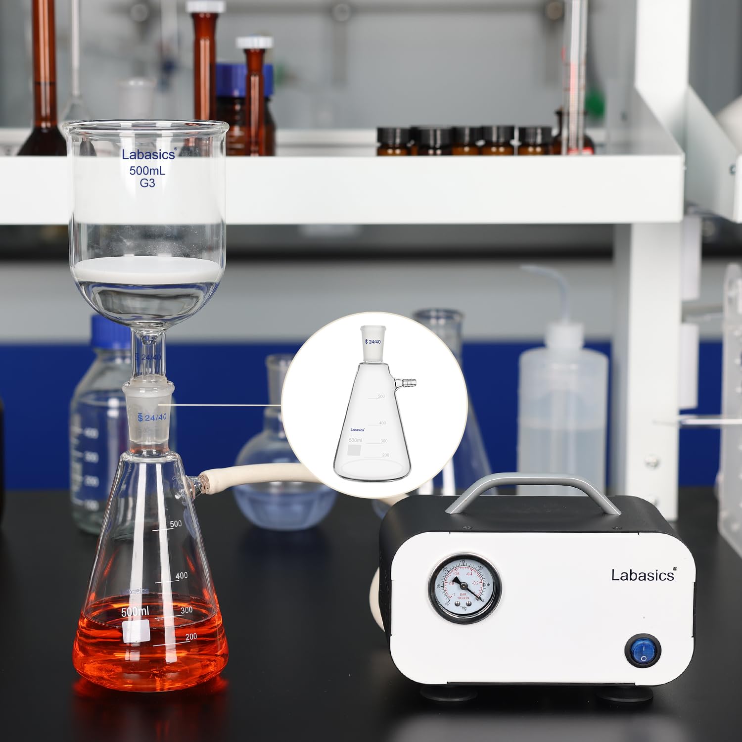 Labasics 1000 ml Flacon de Filtration avec 24/40 Standard Conique Joint, Flacon de Filtration en Verre Borosilicate Haute Résistance, Col de Boulon avec Tubulure, Interface de Tuyau de 9 mm