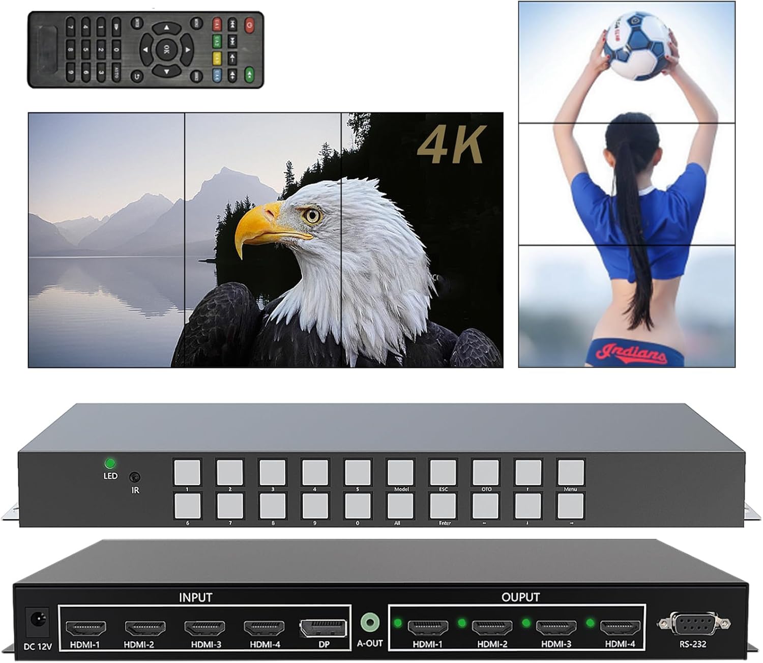 ICUIXIAN Vertical Video Wall Controller 1x3 4k 90-180-270 Degree Rotation, 2x1-1x2-3x1-1x1-2x2-1x3 Video wall Controller Portrait Mode, 3840x2160@60Hz HDMI2.0 24-Bit, RS232-IR Remote Control