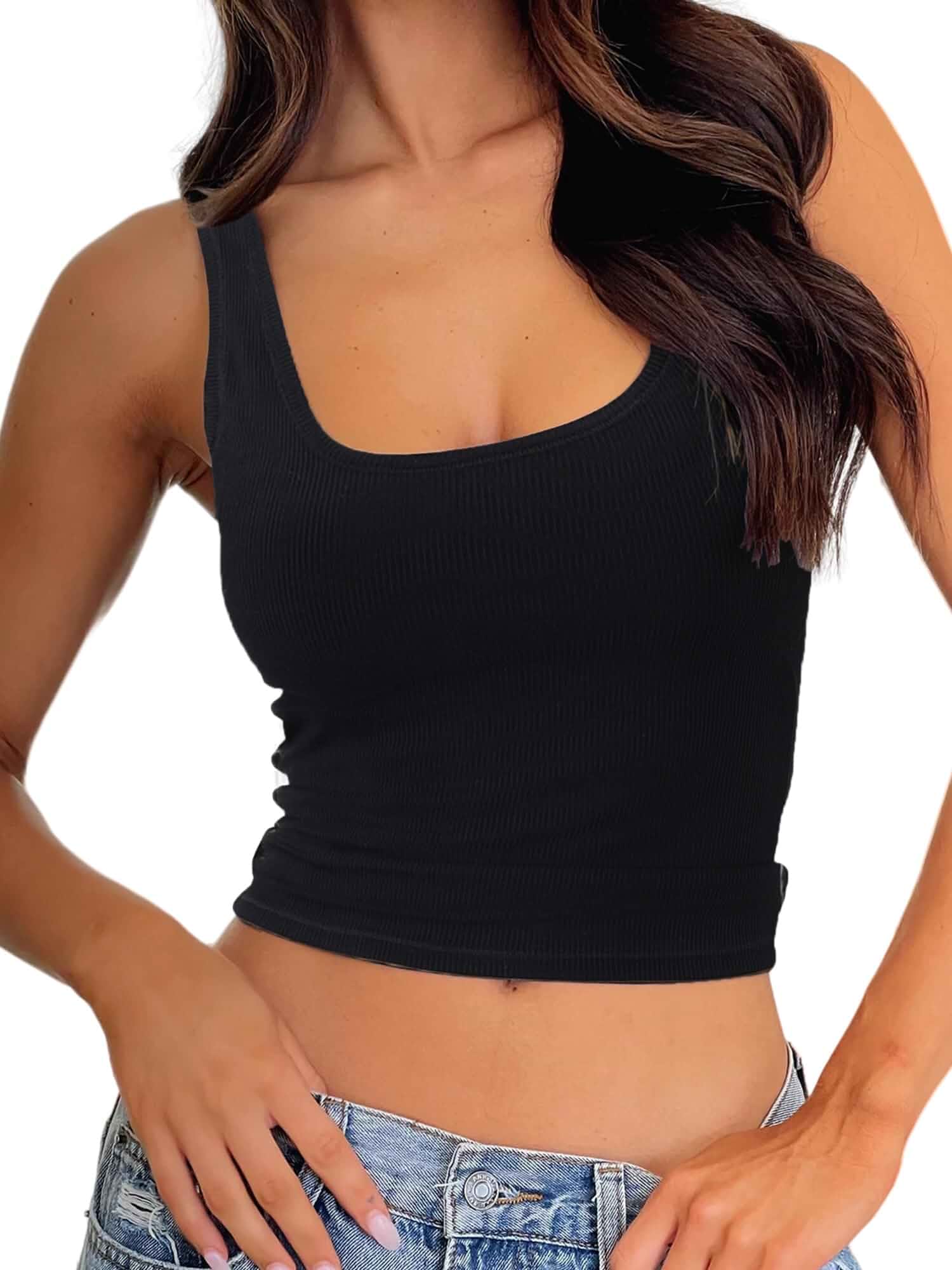 Danysu Women Rib Tank Top Padded Workout Top Square Neck Crop Tank Fitted Basic Cami Tops Stretch