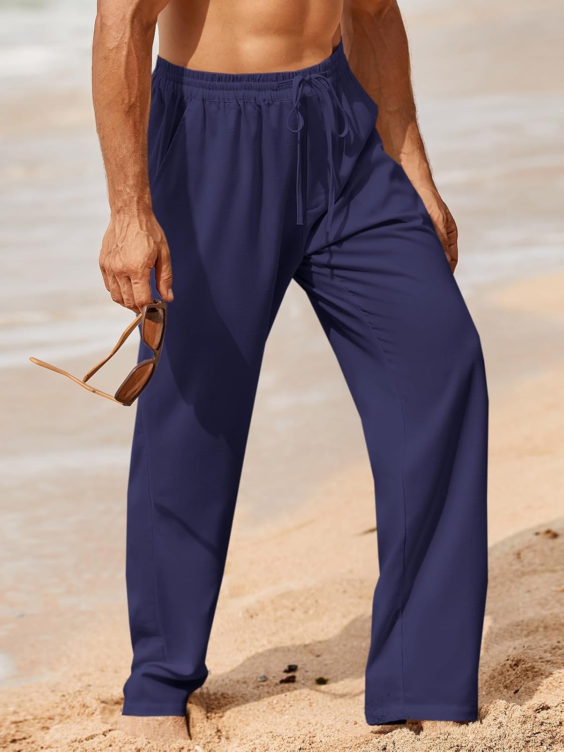 Makkrom Mens Casual Pants Drawstring Elastic Waist Lightweight Linen Pants Loose Fit Summer Beach Yoga Trousers - Image 2