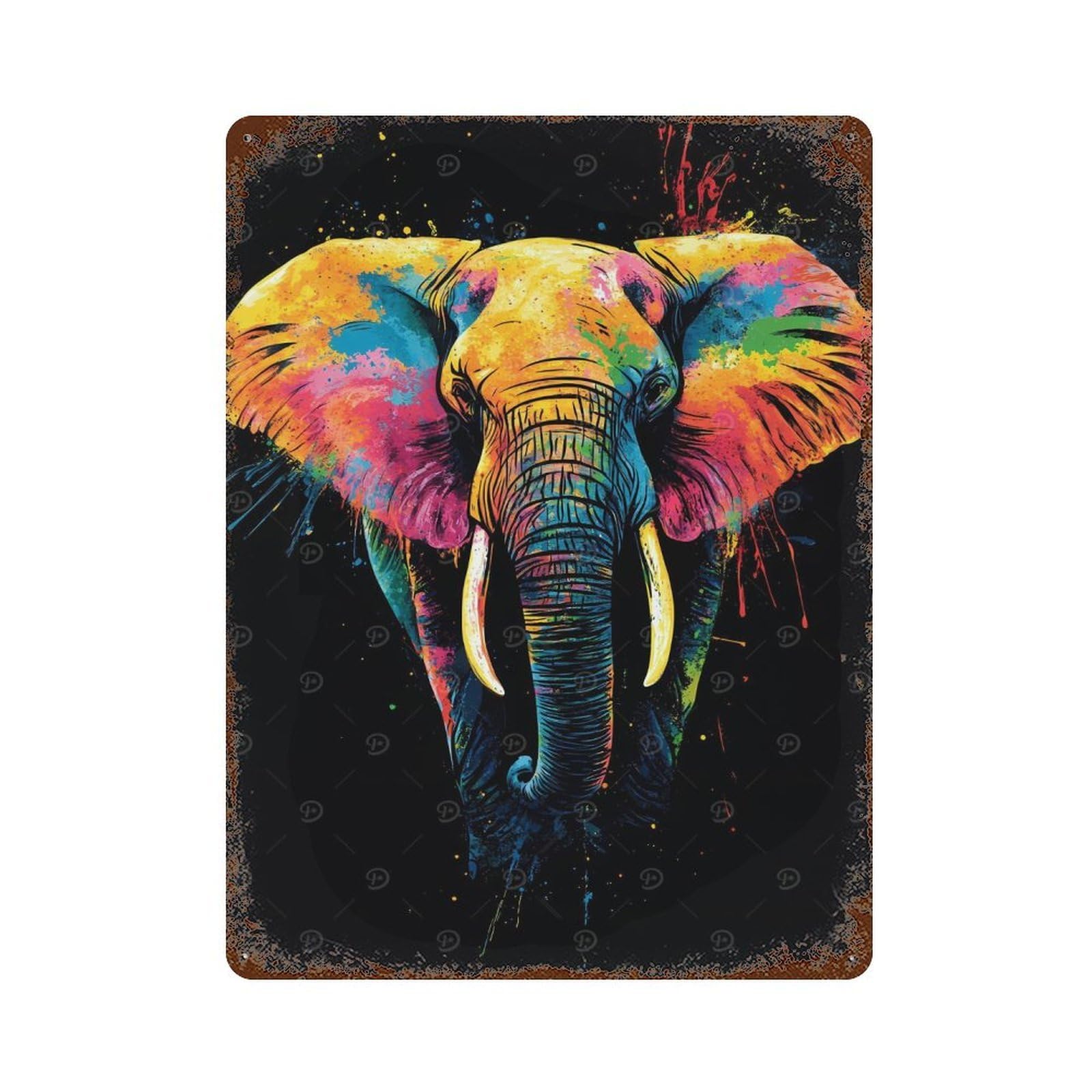 Colorful Elephant Art Aged Metal Wall Plaque 15.7"x11.8", Industrial Home Decor for Pub, Kitchen And Man Cave Decor