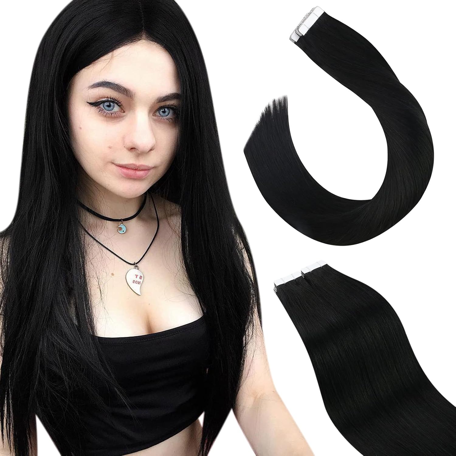 Ugeat 12 Inch Tape in Hair Extensions Human Hair 1 Jet Black Glue in