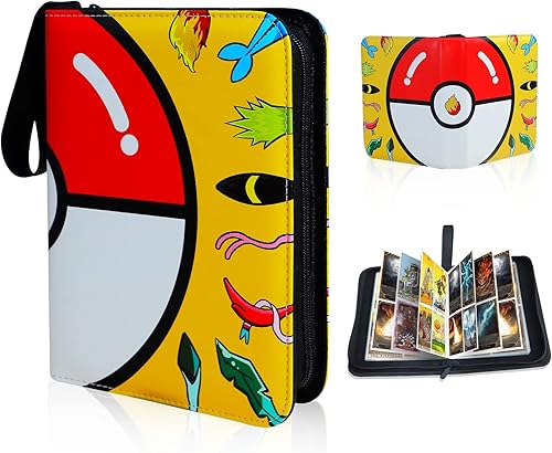 Yebicola Card Binder for Pokemon Trading Cards 4 Pocket, 400 Pockets Card Albums with 50 Sleeves, Zipper Binder Holder Waterproof Leather Cover