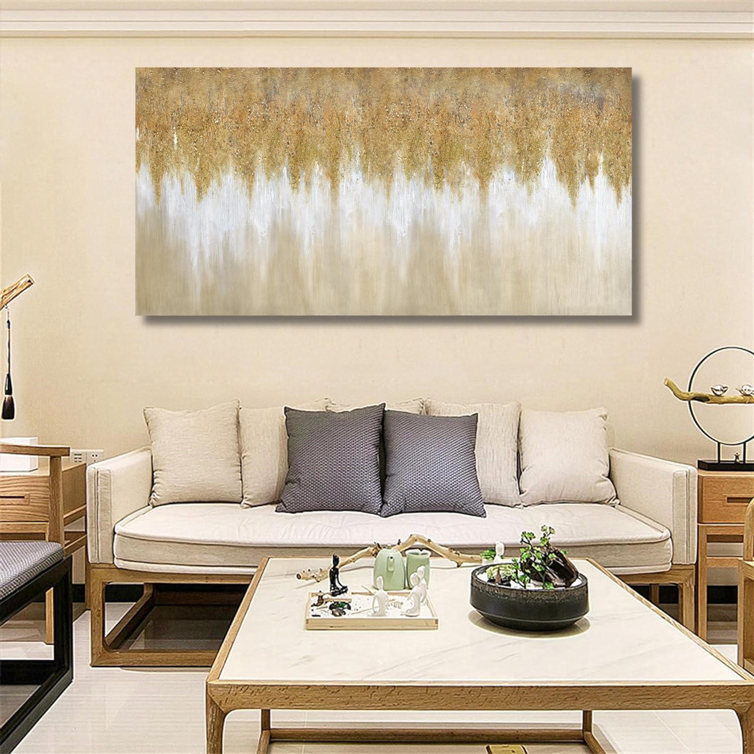 TRAIN2 ART Abstract Wall Art Gold Paintings Wall Decor 20" x 40" Minimalist Wall Art Large Artwork for Living Room Bedroom Kitchen Office