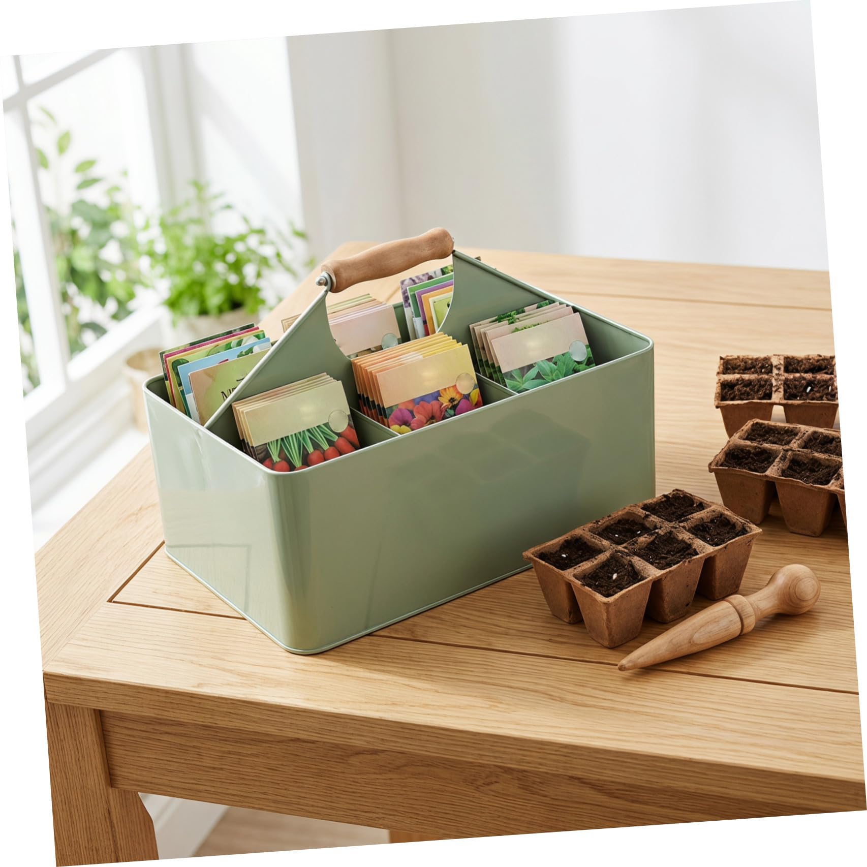 Metall 29,5x22,6x20 Cm mit 4 Fächern Samen Aufbewahrungsbox Garten und Griff aus Eisen und Naturmaterial Grün Verformungsbeständig für Glatte Oberfläche Balkon und Pflanztisch