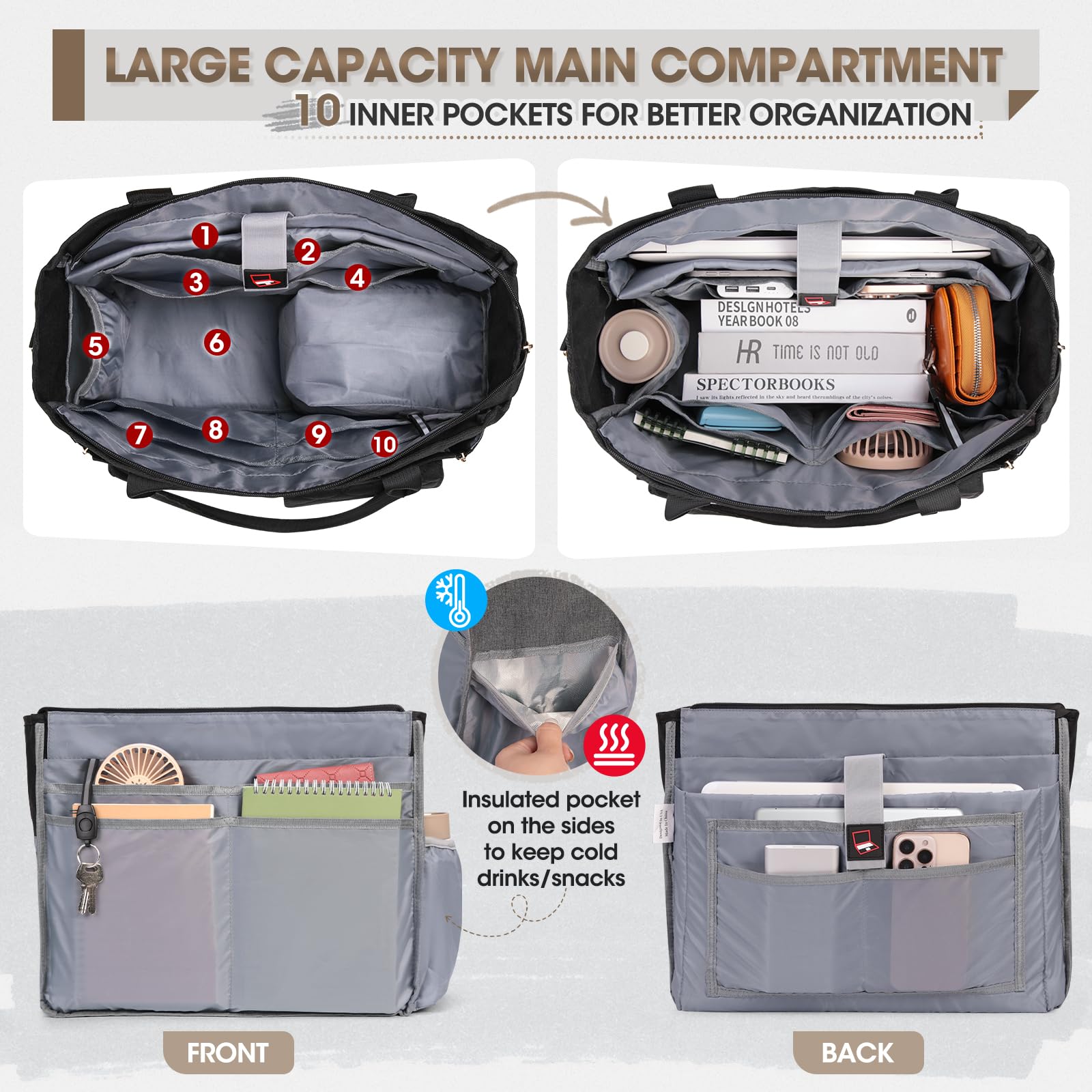 RAINSMORE Borsa tote per insegnanti con scomparto per il pranzo isolato, borsa per laptop da 15,6 pollici, borsa da lavoro leggera per donne borse da infermiera