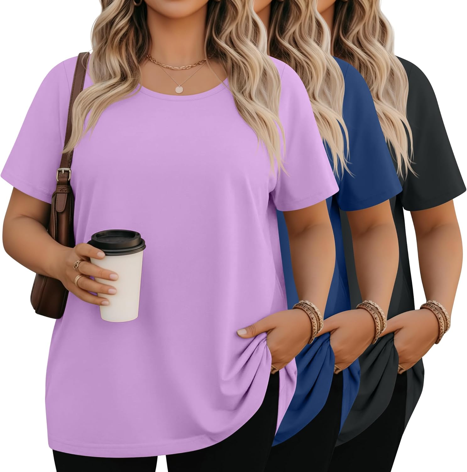 3 Pack Plus Size Shirts for Women Short Sleeve Crew Neck Tops Loose Fit T-Shirts Casual Basic Tees Summer Workout