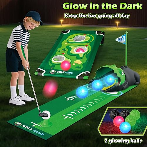 Miniatura 3 de Juego de golf 3 en 1 para niños con devuelvedor automático de dinosaurio, tablero de Cornhole de golf, bolas con luz LED, alfombra de putt, 3-8