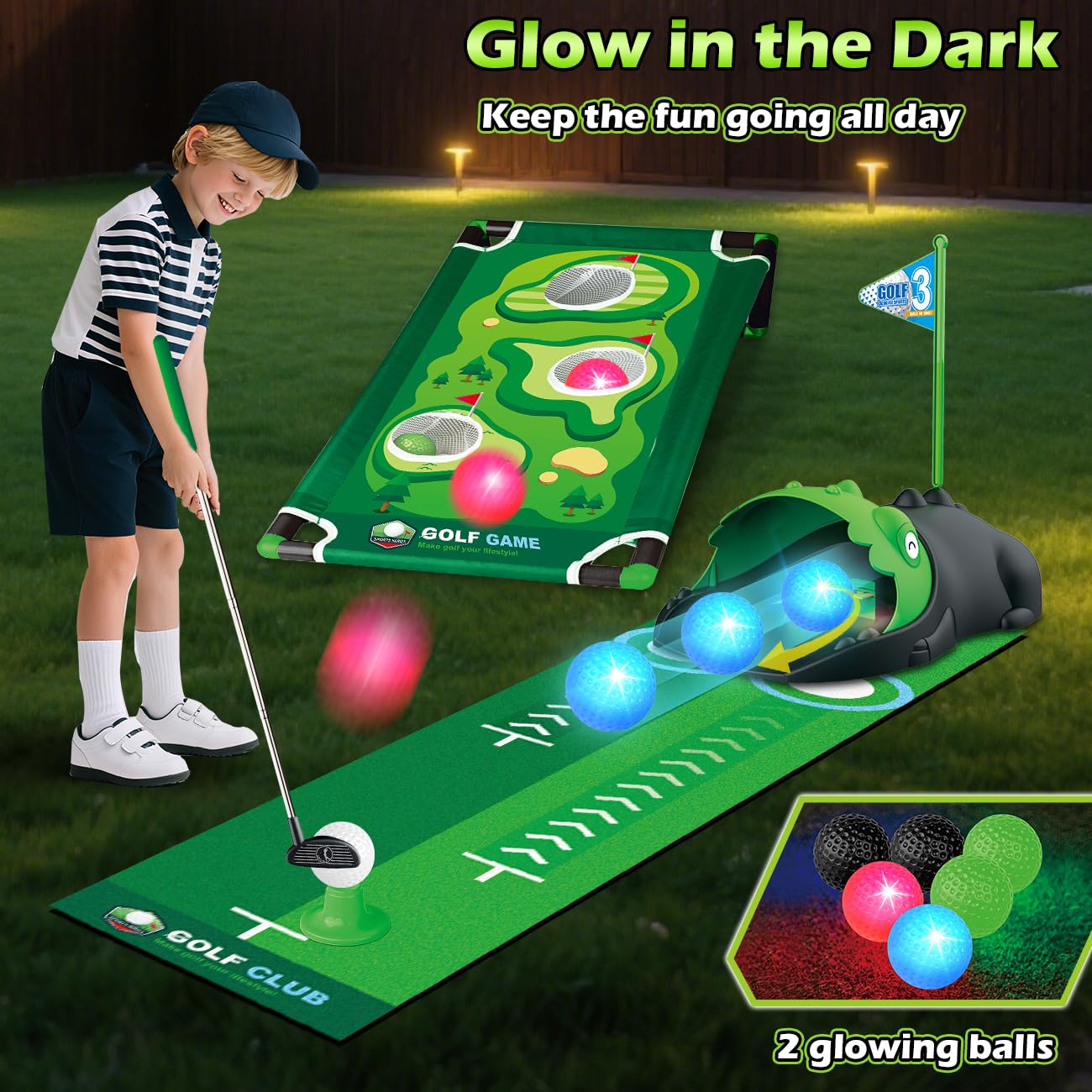 TERRAMUS Set da Golf 3 in 1 per Bambini con Ritorno Automatico Golf Dinosaursco, Tavolo da Golf Cornhole,Palline Luminose al LED,Tappeto per Il Putting,Mini Giochi di Golf,Regalo per Bambini 3-8 Anni