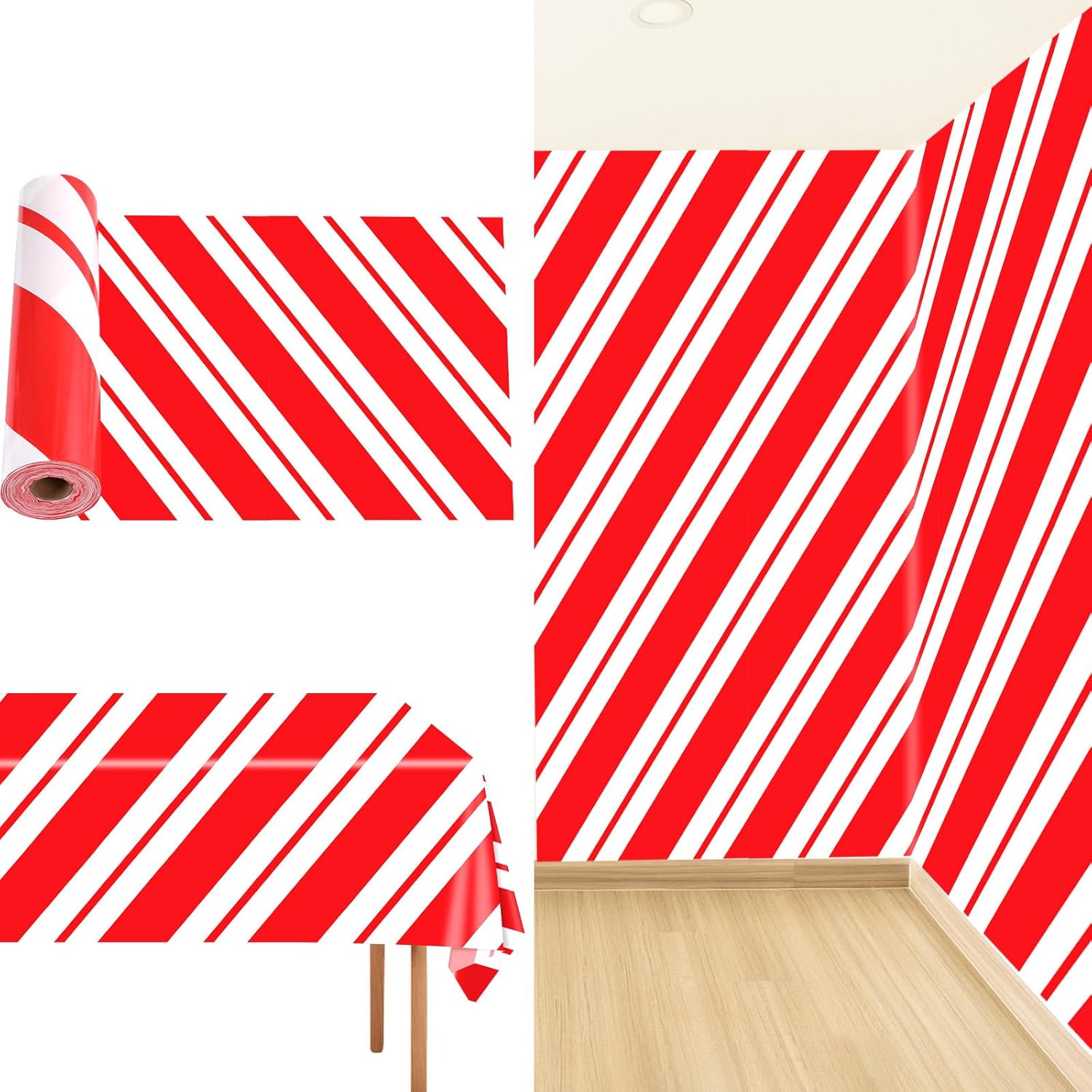 party greeting Red and White Striped Tablecloth Roll 51inch x 100ft Christmas Candy Cane Striped Table Cover Christmas Holiday Party Supplies Wall Backdrop for Xmas Dining Kitchen Decor