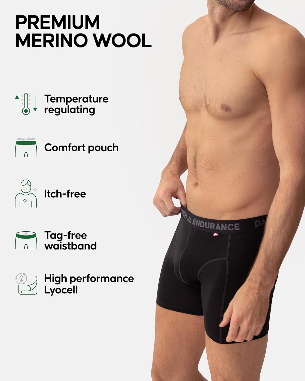 DANISH ENDURANCE Men's Merino Wool Boxer Briefs (1 or 2-Pack) – Odor-Resistant, Breathable & Sweat-Wicking, Optional Fly - Image 2