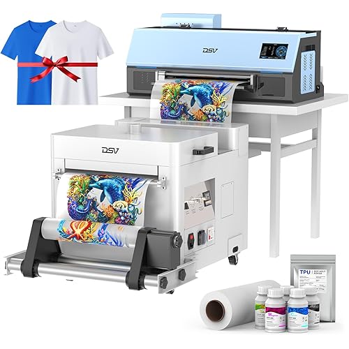 DSV A3 Plus XP600 DTF Printer,Doubled Printing Speed Compared to L1800,4” LED Multi-Function Touch Screen,Built-in White Circulation and Automatic Cleaning (C13-Printer+Powder Shaker&Dryer, Turquoise)