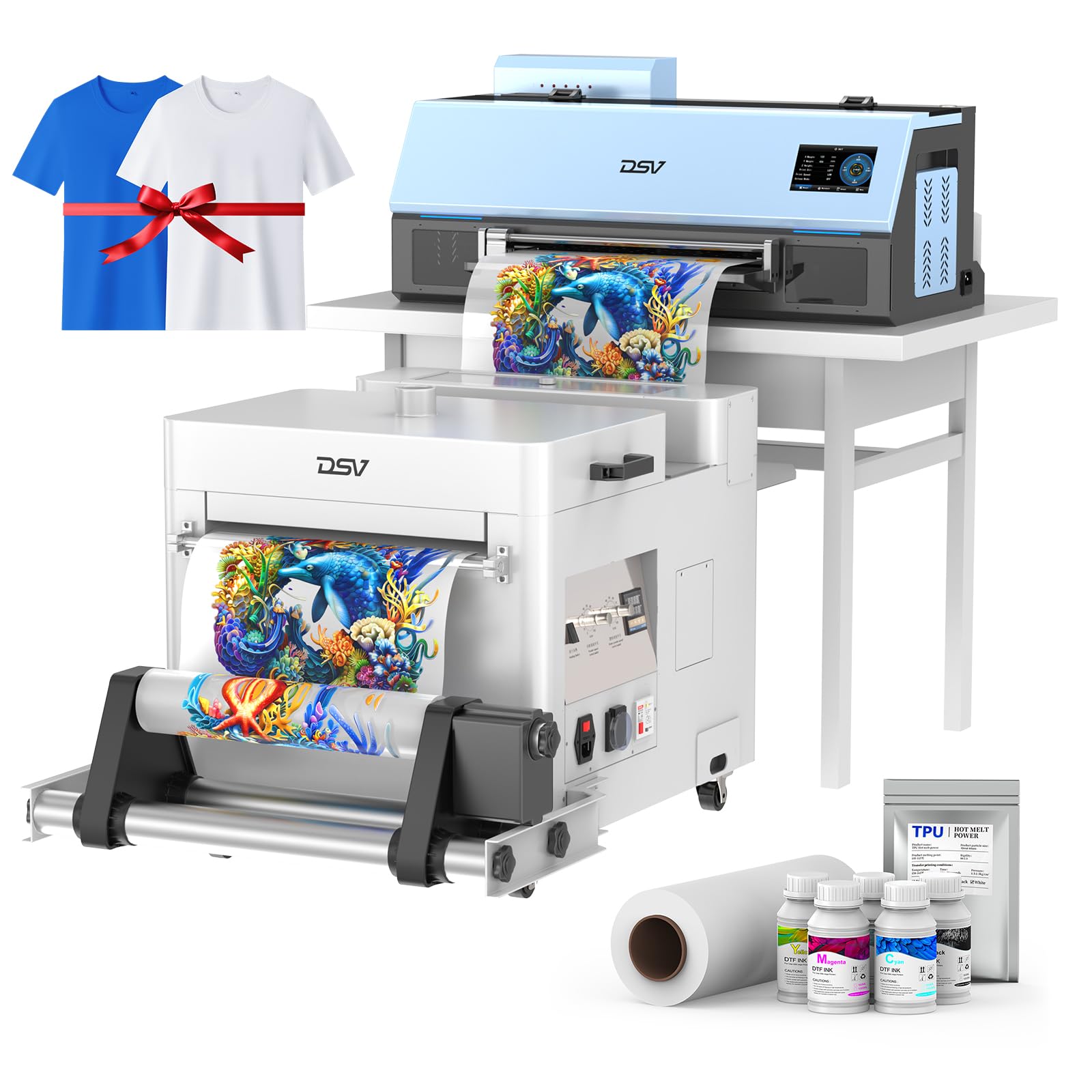 DSV A3 Plus XP600 DTF Printer,Doubled Printing Speed Compared to L1800,4” LED Multi-Function Touch Screen,Built-in White Circulation and Automatic Cleaning (C13-Printer+Powder Shaker&Dryer, Turquoise)