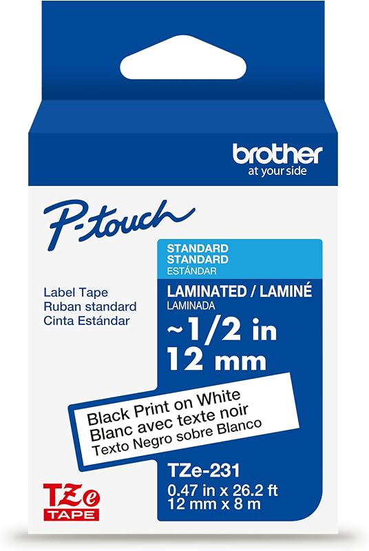 Brother Genuine TZe231~1/2" Cinta de etiquetas blanca con impresión negra. Cada uno: 0,47 pulg. x 26,2 pies (12 mm x 8 m) | Cinta laminada de 12 mm con 26,2 pies de largo y adhesivo estándar para organización, almacenamiento y etiquetado