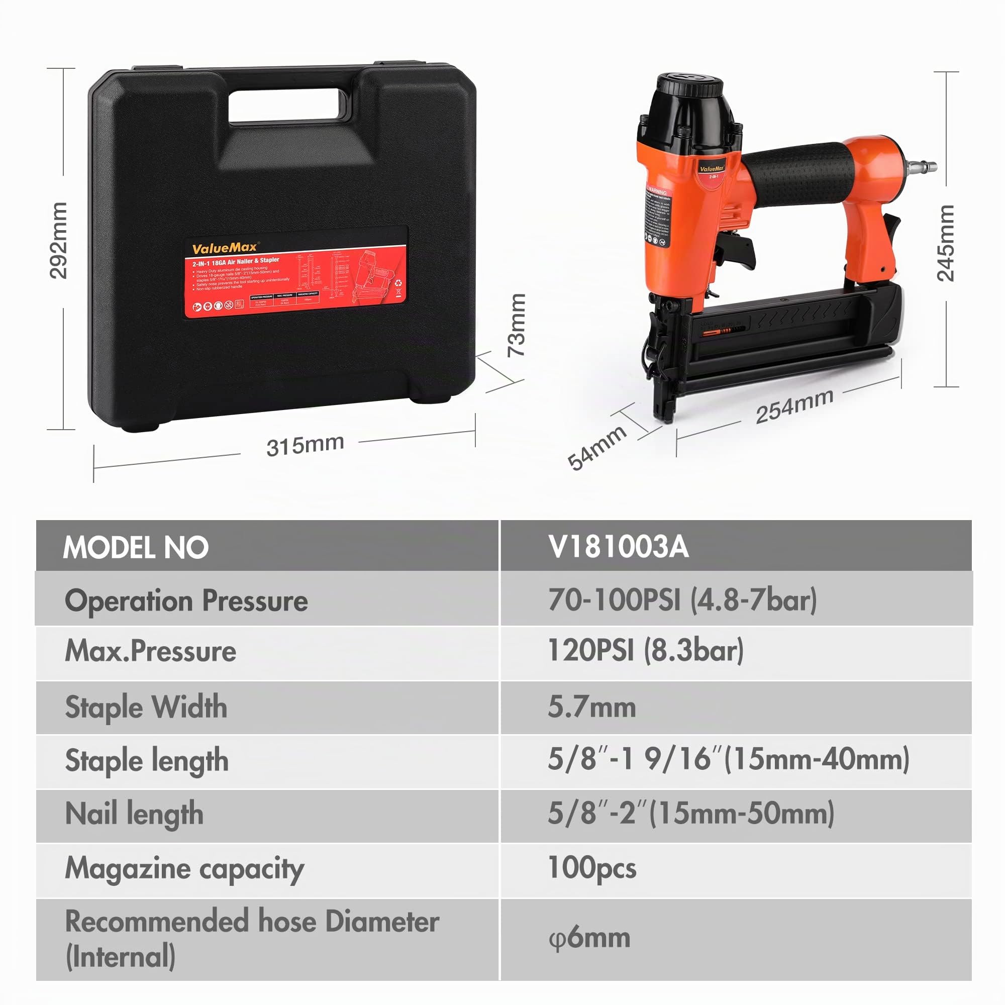 ValueMax Grapadora Neumática de Aire Comprimido 8.3 bar, Pistola de Clavos con Nariz de Seguridad, incluye 200 Grapas y 200 Clavos, Gafa, Aceite, Llave Hexagonal