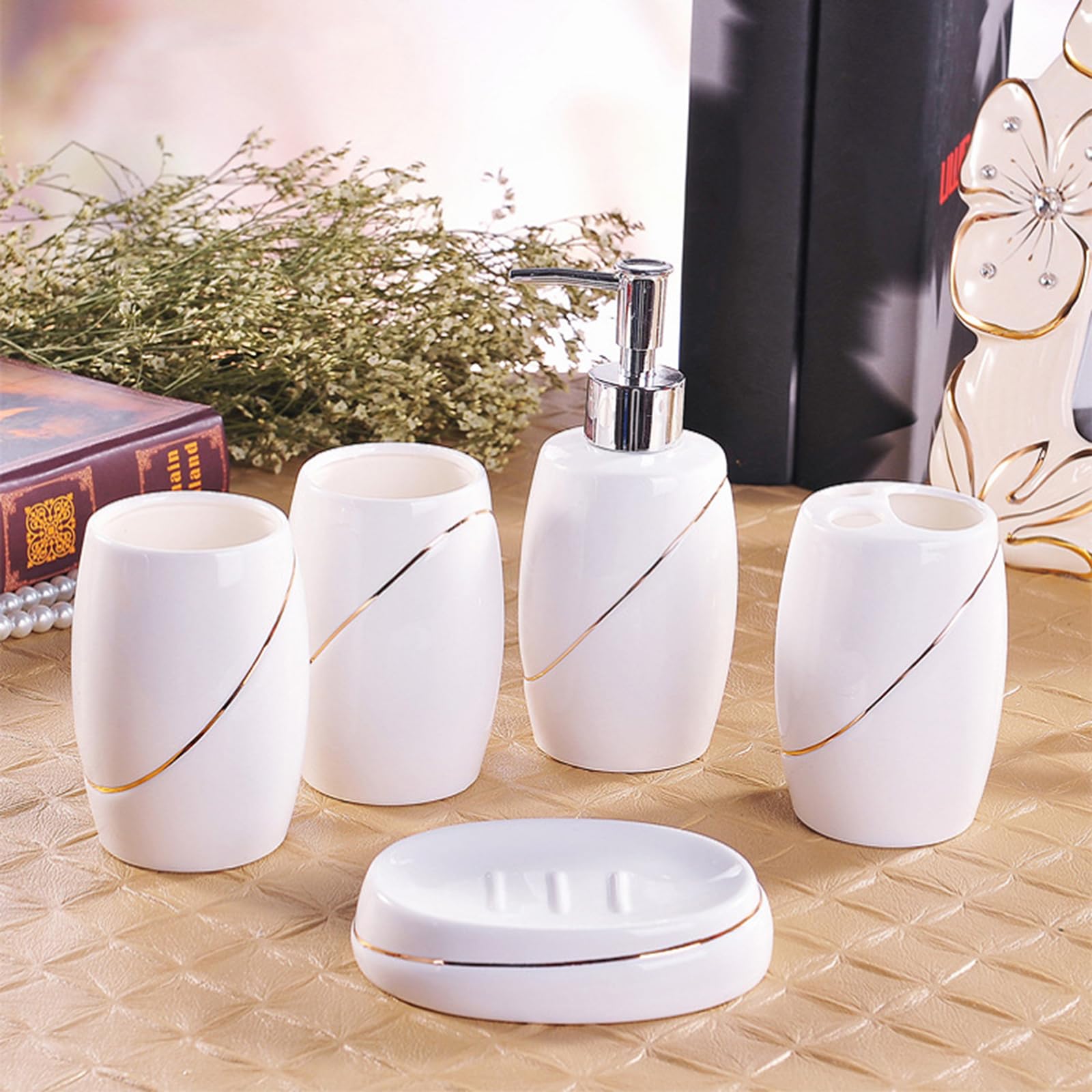 Juego de dispensador de jabón de cerámica, accesorios de baño con soporte para cepillo de dientes, jabonera, taza para cepillo de dientes para uso en apartamentos y hot