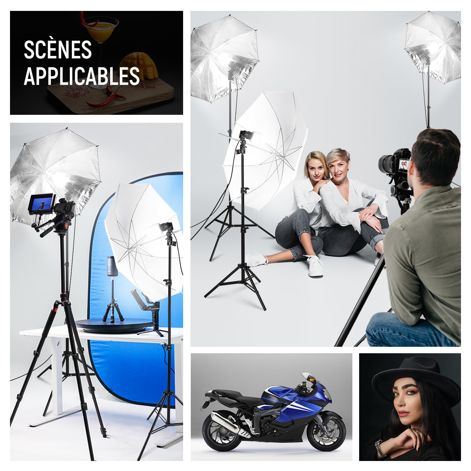 NEEWER Kit d'Éclairage pour la Photographie 600W, Équivalent Incandescent avec 2 Parapluie Blanc, 2 Parapluie Noir, 3 Ampoule LED 24W, 3 Support de lumière, 2 Sac, 5 Attache câbles, 3 Socle E27,NK500