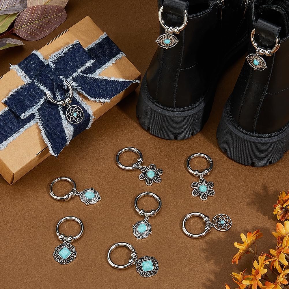 PH PandaHall 5 Styles Boot Shoes Charms 10pcs Turquoise Shoelace Charm Vintage Boots Pendants Silver Boho Shoes Decorations Flower Shoe Clips for Women Sneakers Sandal Bag Purse Hanging Decor image 4