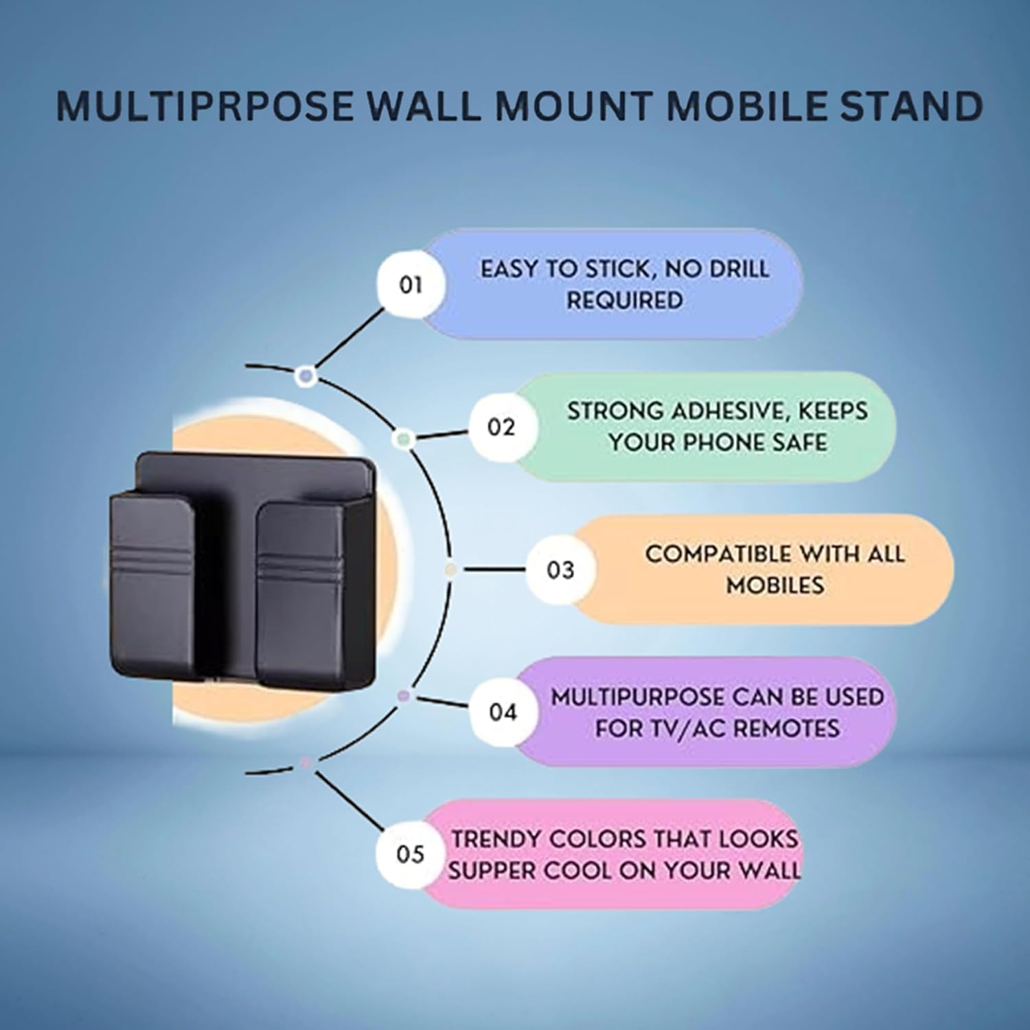 Phone Holder Wall Mount 2 Pack, Adhesive Phone Holder No Drill, Wall Phone Stand for Charging, for Bathroom Kitchen Bedroom Office, Compatible with iPhone Samsung Google Pixel