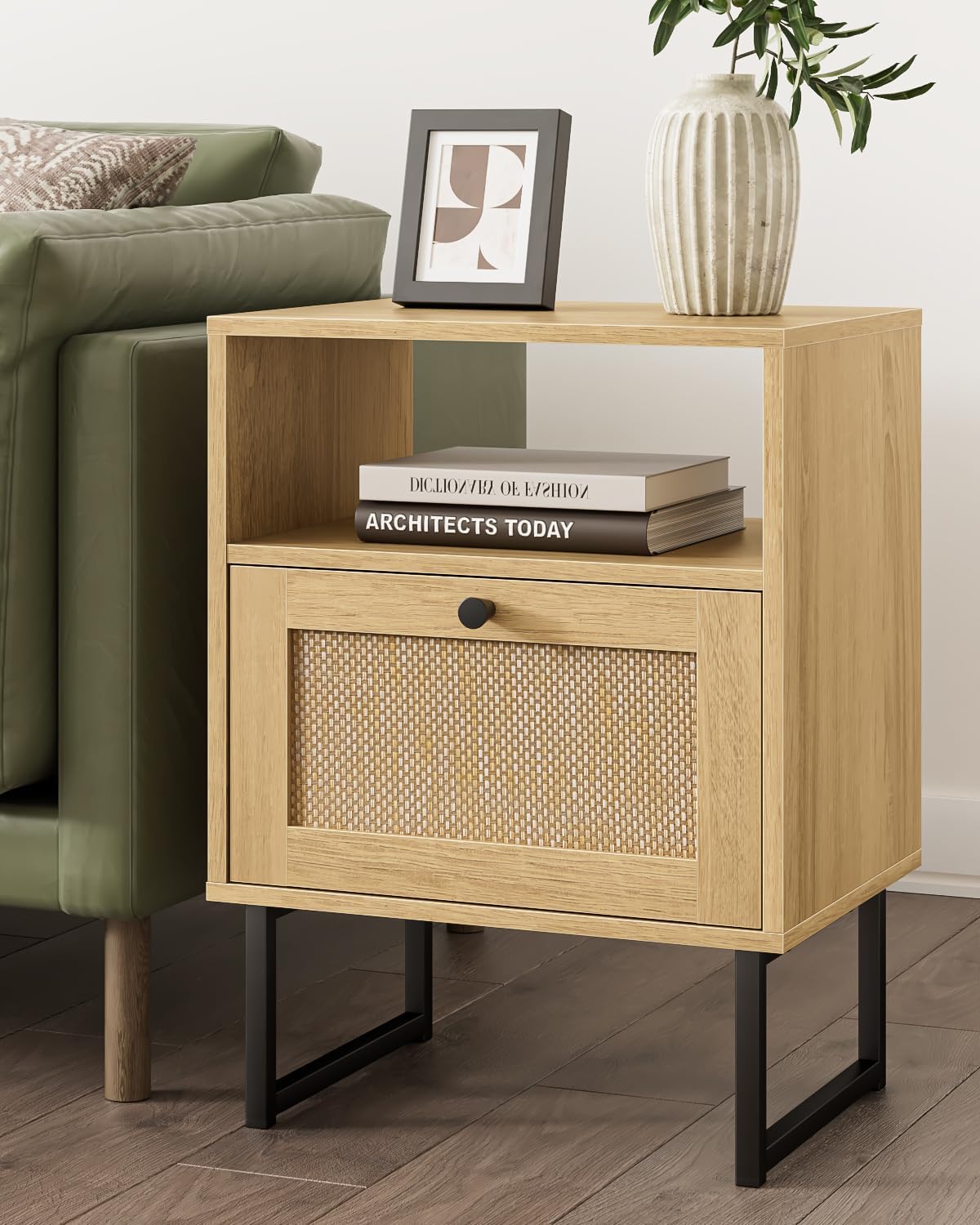Masupu Extra Large Rattan Nightstand,Modern Boho Farmhouse Wood Bedside Table with Storage Drawer and Open Shelf, Black Frame Side End Table for Bedroom,Living Room,Office (Natural) image 4