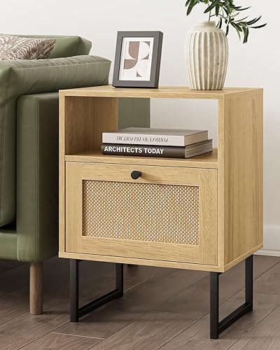 Miniatura 13 de Masupu Mesita de noche de ratán con estación de carga, moderna mesita de noche de madera bohemia con cajón de almacenamiento y estante abierto, mesa