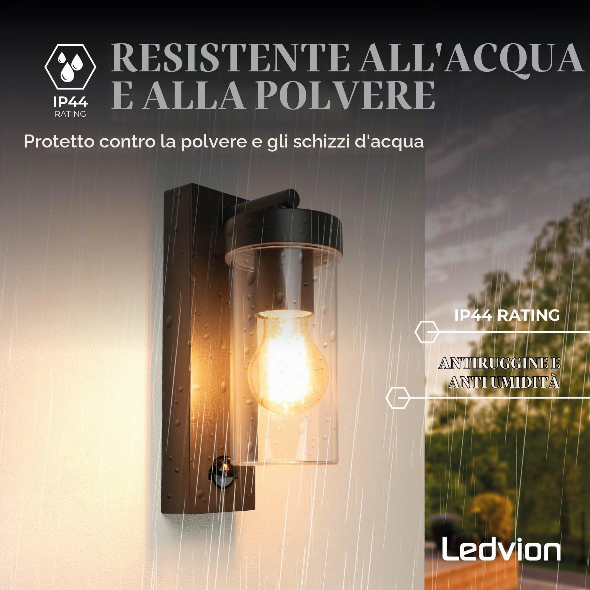 Ledvion - Lampada da Parete LED con Sensore, Attacco E27, IP44, Nero, Lampada da Esterno, Illuminazione Esterna | Maggiore comodità in tutta la casa: la lampada da parete si accende automaticamente non appena viene rilevato un movimento.