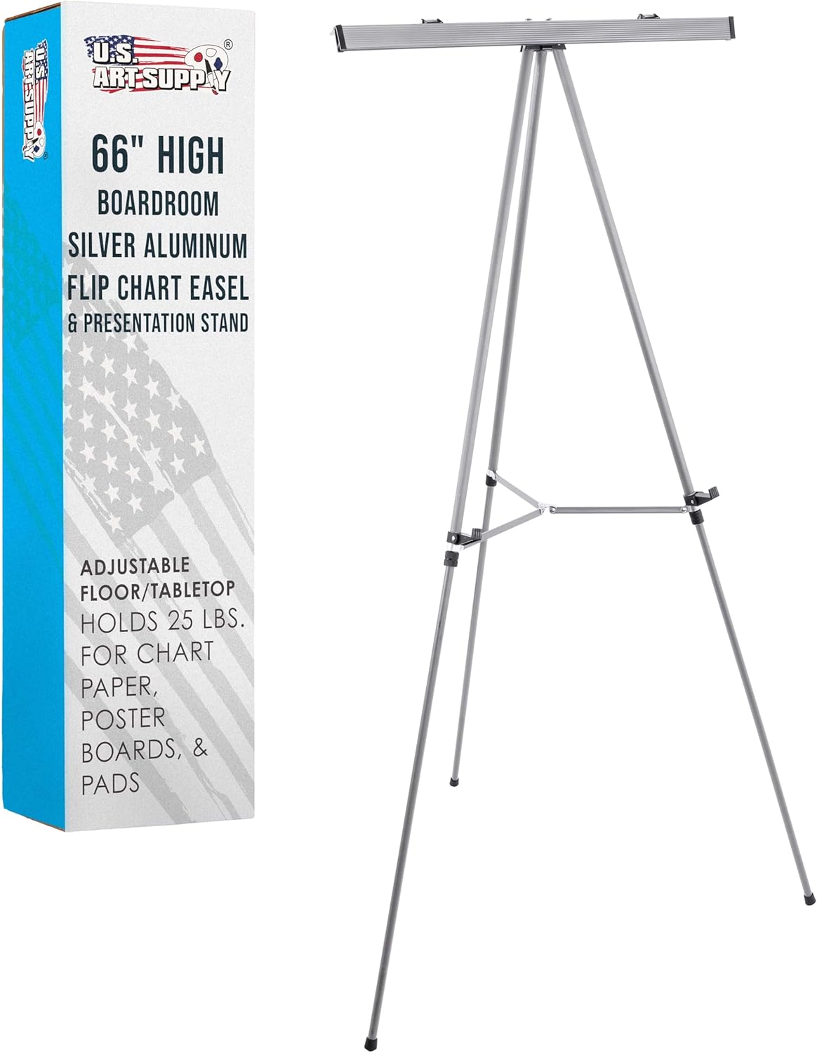 U.S. Art Supply 66" High Classroom Silver Aluminum Flip Chart Easel & Presentation Stand (4 Pack) - Adjustable Floor/Tabletop, Portable Tripod, Holds 25 lbs., for Chart Paper, Poster Boards, & Pads
