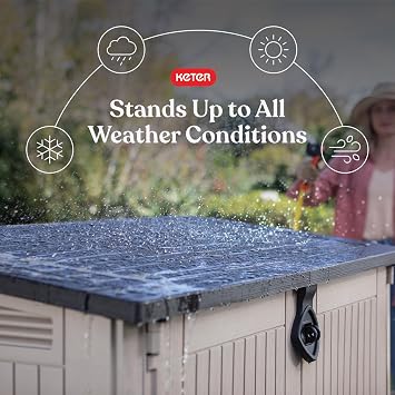 Keter Store-It-Out MIDI Outdoor Resin Storage Shed Weather-Resistant Horizontal Cabinet for Trash Cans, Garden Tools & Patio Accessories Lockable, Easy-Lift Lid, 30 Cu. Ft. Capacity, Beige