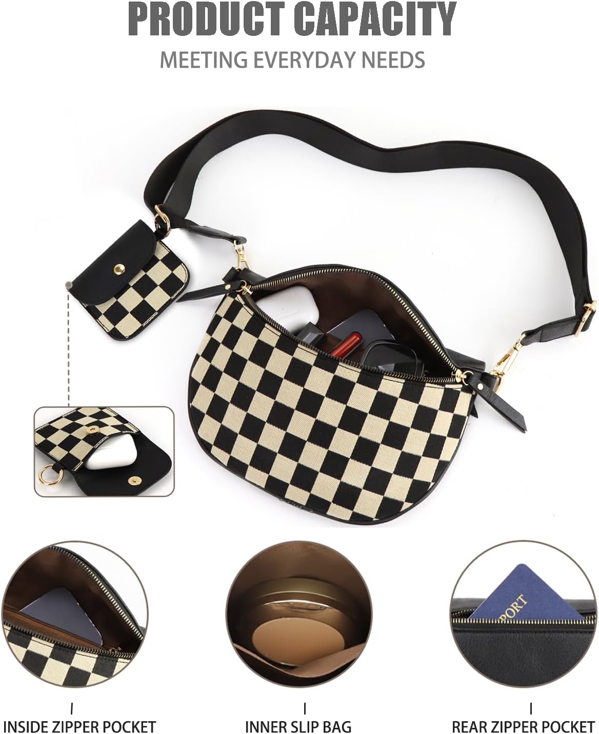 Checkered Crossbody Bag for Women Trendy Bum Bag Checkered Purse Slouchy Fanny Packs with Coin Purse