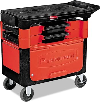 Rubbermaid Commercial Products Trades Tool Utility Cart Locking Cabinet with 2 Parts Boxes and 4 Parts Bins 330 lb. Capacity 5" Casters Black for Warehouse/Garage/Cleaning/Maintenance
