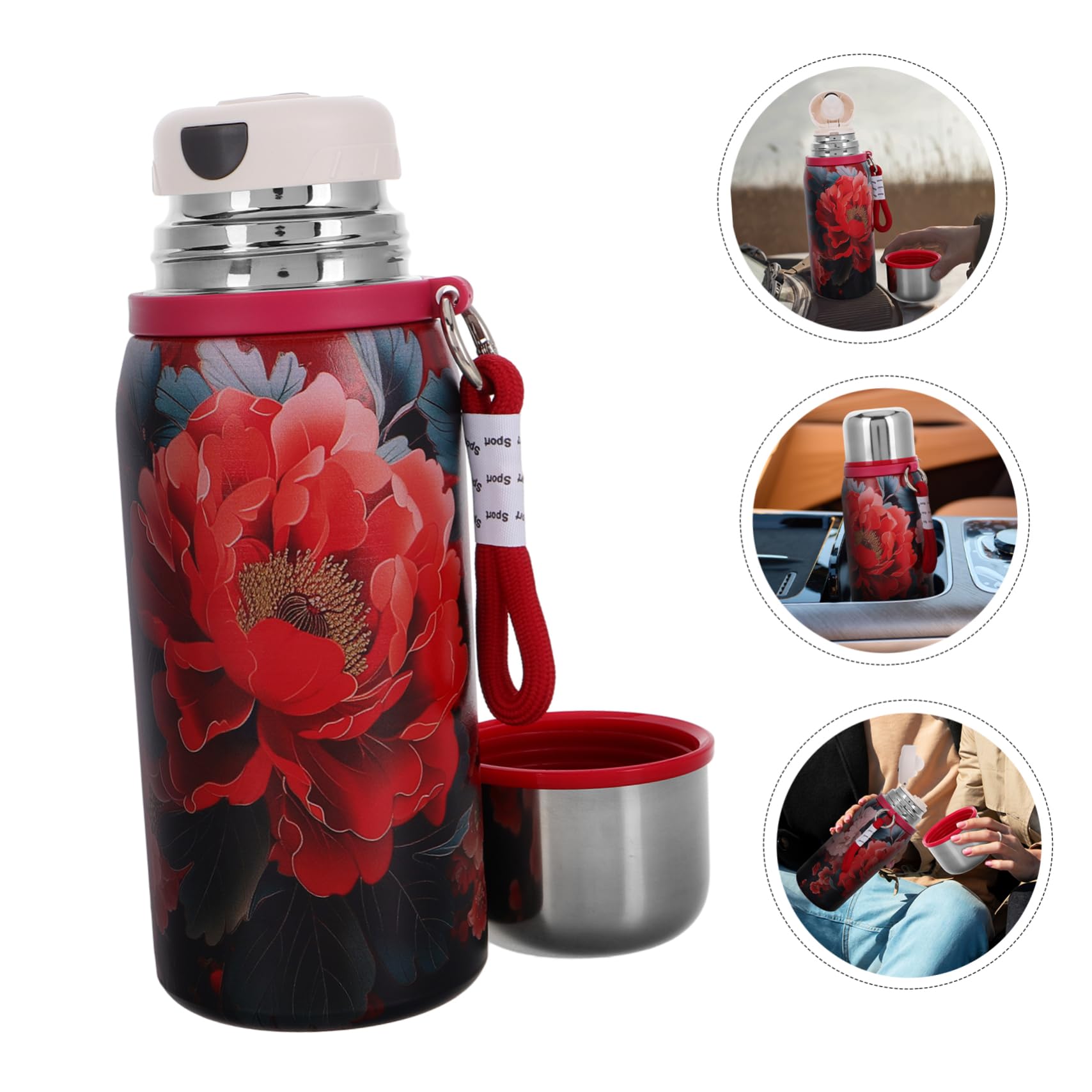 Botella Térmica de Acero Inoxidable 304 de 600 Ml Diseño Floral, Fácil de Limpiar y Portátil para Viajes y Ocasiones de Negocios
