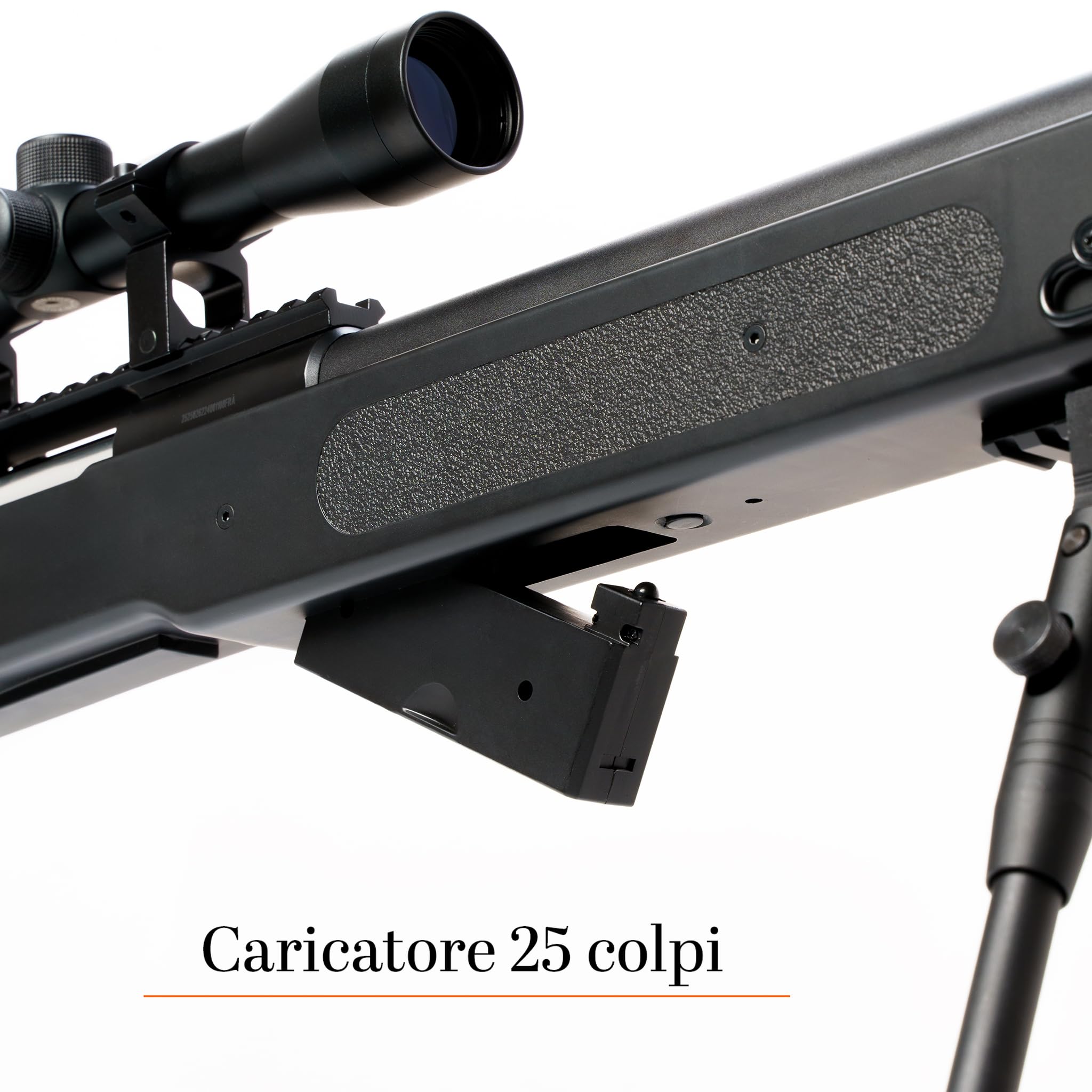 Fucile Softair Sniper M62 potenza 0,9 joule, Bundle Completo, Precisione Tattica con Ottica 3-9x40, Bipiede Regolabile e Pallini per Outdoor colore nero, dimensioni cm 110x14