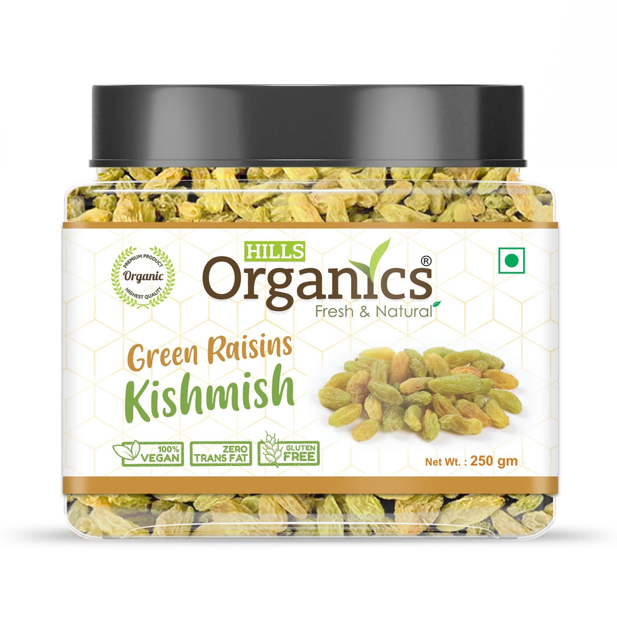 HILLS ORGANICS Premium Green Raisins 100GM | Hari Dakh Kishmis | Natural Source Indian Kismis | Kishmish | Kismish | Dried Grapes | Sweet Fruity Taste and Soft Chewy Texture
