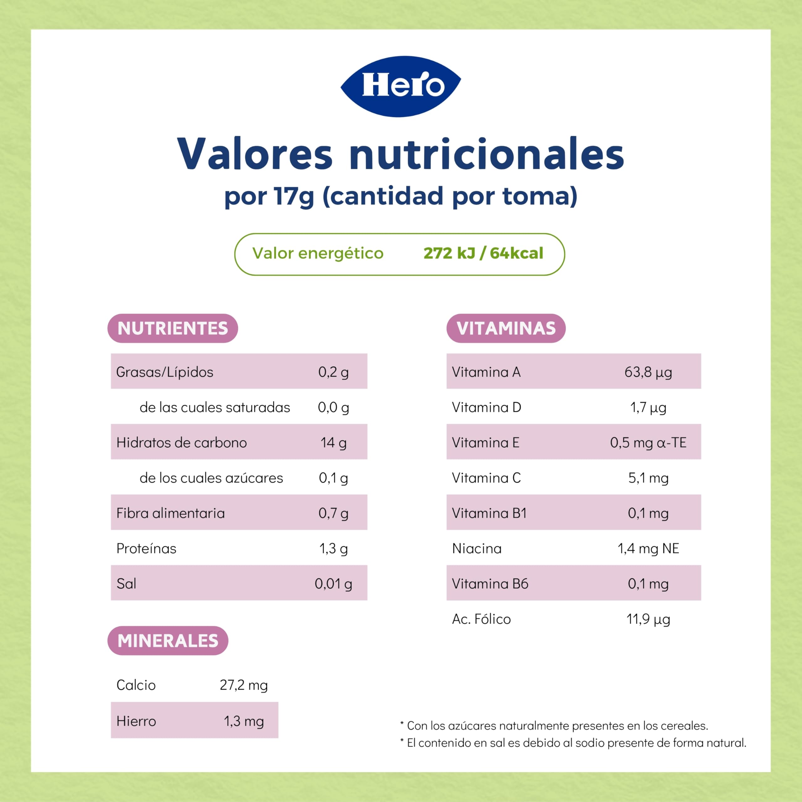 Hero Solo Papilla Cereales Sin Gluten ni Azúcares Añadidos, Rica en Fibras y Vitaminas, Sabor natural para Bebés, a partir de 4 meses