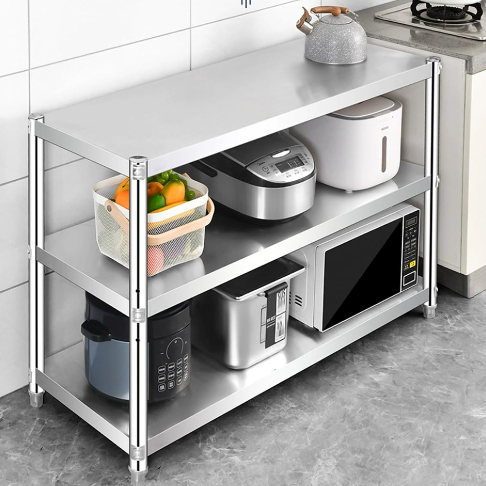 3-poziomowy stojak do kuchenki mikrofalowej ze stali nierdzewnej do kuchni, oszczędność miejsca, metalowy stół roboczy (80 x 45 x 80 cm) – idealny do małych pomieszczeń