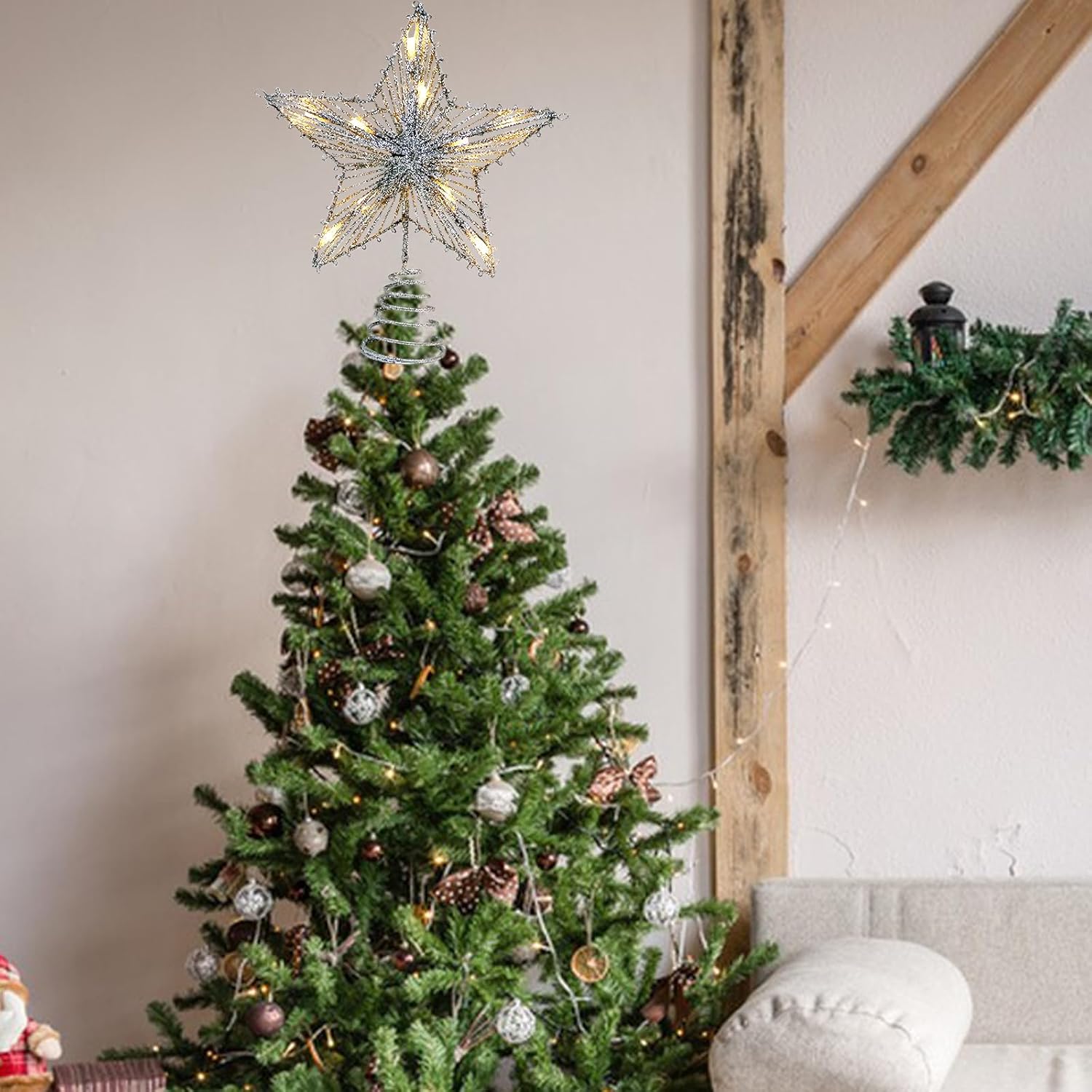 Christmas Tree Topper Glittered Christmas Treetop Xmas Hollow Star Treetop Toppers with LED Lights Christmas Tree Ornament for Christmas Party Home Decoration (Silver)